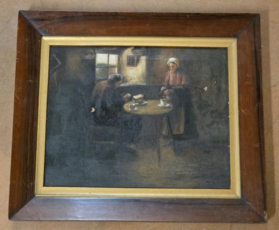 painting of a man and woman sitting at a table in a room