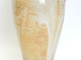 a brown and white vase sitting on a white surface