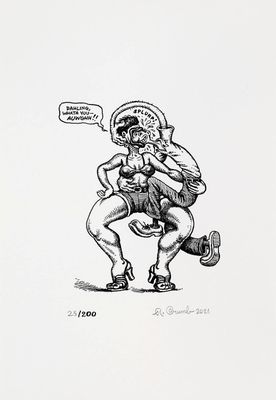 drawing of a cartoon of a man with a hat and a bag