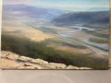 an oil painting of a landscape with a river and mountains in the distance