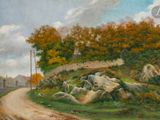un tableau représentant un chemin de terre qui monte vers une colline