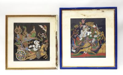 two framed paintings of a man riding a horse and a woman riding a carriage