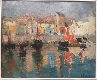 une peinture à l'huile représentant des bateaux dans un port avec des bâtiments à l'arrière-plan