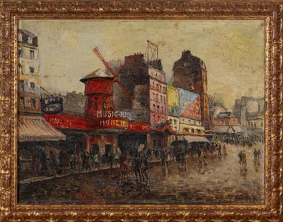 an image of a painting of a city street with people walking by