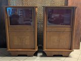pair of wooden cabinets with glass doors on each side of them