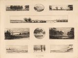sketches of a landscape with trees, a river, and a boat