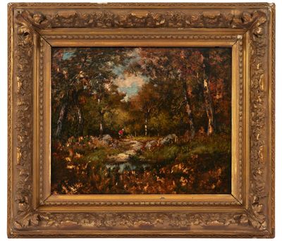 un tableau représentant un paysage boisé avec un ruisseau et des arbres