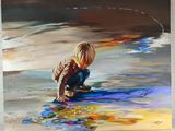 painting of a young boy playing in the water on a beach