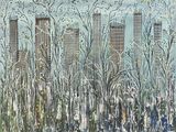 painting of a city with tall buildings and trees in the foreground
