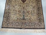 an oriental rug on a white floor with a blue background