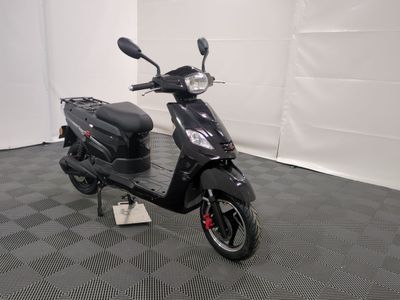 a black scooter parked in a room with a checkered floor