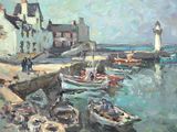 a painting of boats in a harbor with a lighthouse in the background