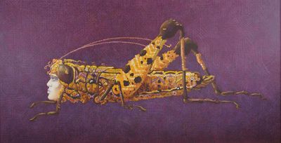 painting of a grasshopper on a purple background with a purple background