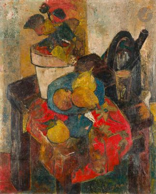 l'image d'une peinture représentant une coupe de fruits sur une table
