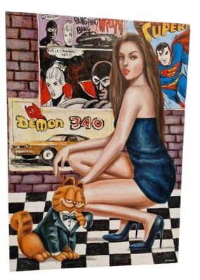 painting of a woman in a blue dress sitting on a checkered floor next to a cat