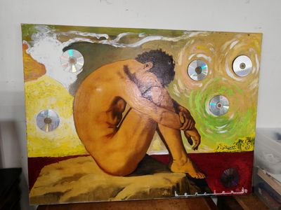 une photo d'un tableau représentant un homme assis sur une table
