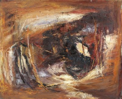 une peinture à l'huile représentant un cheval dans une écurie, avec un autre cheval en arrière-plan