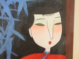 painting of a woman in a red kimono robe holding a flower