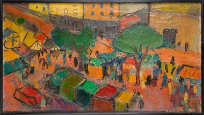 une peinture à l'huile représentant une scène de rue en ville avec des passants