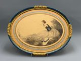 an old picture of a woman sitting on a chair with a bird in her hand