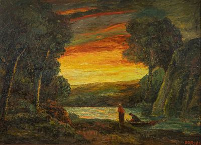 an oil painting of two people in a boat on a river