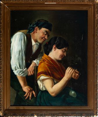 un tableau représentant un homme tenant la main d'une femme sous le regard d'un autre homme