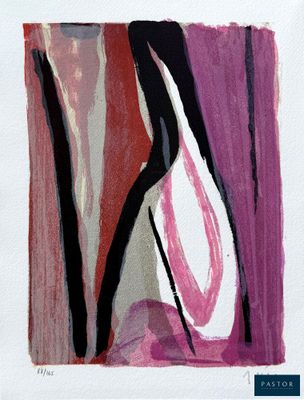 painting of a vase with a pink and black design on a white background