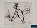 une image représentant un dessin d'un homme marchant avec une valise