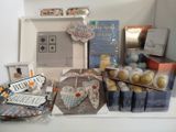 a display of various items on a shelf in a room
