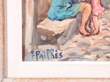 a painting of a woman and child sitting on a ledge