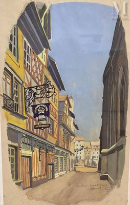 painting of a street with buildings and a clock on the side of it