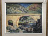 tableau représentant un pont enjambant une rivière, sur lequel traversent des moutons