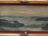 an oil painting of a beach scene with waves crashing in the water