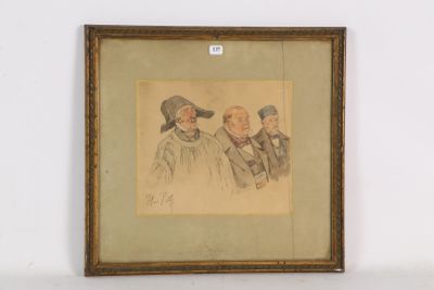tableau représentant un groupe d'hommes coiffés de chapeaux et vêtus de toges, dans un cadre