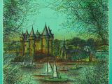 une image représentant un tableau d'un château avec un voilier devant