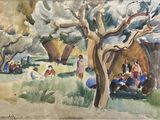 une peinture représentant un groupe de personnes assises sous un arbre