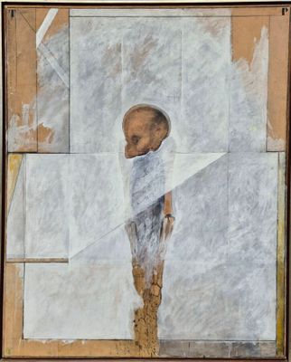 un tableau représentant un homme debout devant un mur