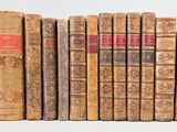 plusieurs vieux livres sont alignés sur une surface blanche