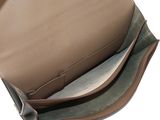 the inside of a brown and green purse on a white surface