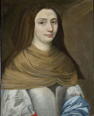 an old painting of a woman with a red rose in her hand