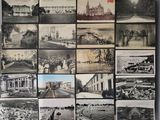 many pictures of a bunch of old photos hanging on the wall