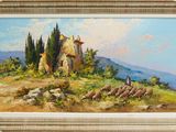 an oil painting of a landscape with a church and sheep