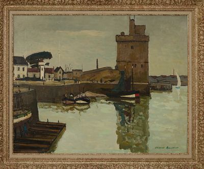 peinture d'une vue d'un port avec des bateaux dans l'eau