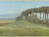 une peinture à l'huile représentant un champ avec des arbres et des collines en arrière-plan
