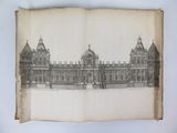 an old book with a drawing of a building on top of it
