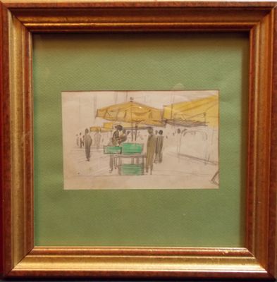 tableau encadré représentant un dessin d'une scène de rue avec des personnages et un avion