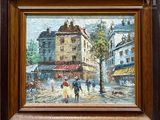 une peinture représentant une scène de rue avec des personnes marchant dans la rue