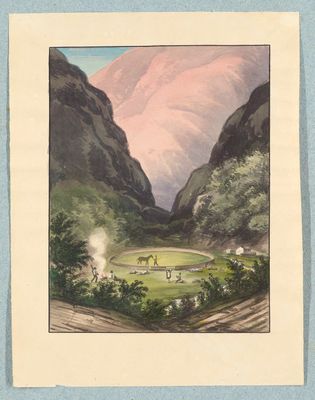 painting of a landscape with a river and mountains in the background