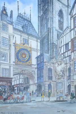 une peinture représentant une scène de rue avec une tour horloge en arrière-plan