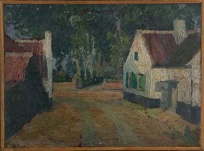 a painting on the wall of a house with a red roof
